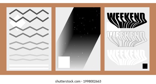 Un conjunto de tres patrones estéticos de fondo geométrico modernos. Afiches minimalistas para medios sociales, diseño web. Ilustración en blanco y negro con líneas delgadas, gradientes, formas geométricas.