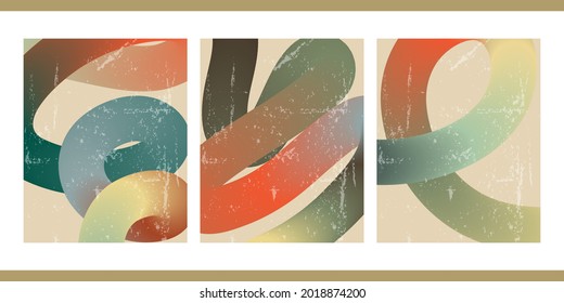 A set of three modern aesthetic geometric background patterns. Minimalistic posters for social media, web design. Colorful illustration with with smooth lines, gradients, geometric shapes.