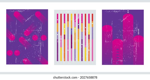 A set of three modern aesthetic geometric background patterns. Minimalistic posters for social media, web design. Colorful illustration with with smooth lines, gradients, geometric shapes.