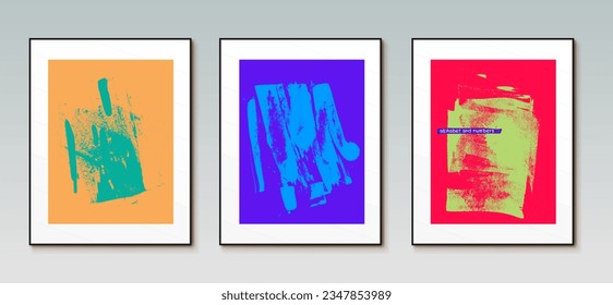 Set of three Modern art vector. Abstract creative minimalist hand drawn vector illustration. Template for wall decor, print, poster, card, mural, carpet, hanging. Trendy brush stroke colored.