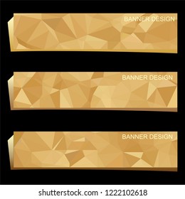 Set of three modern banners with polygonal background. Vector illustration composed of triangles gold colors.