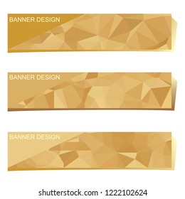 Set of three modern banners with polygonal background. Vector illustration composed of triangles gold colors.