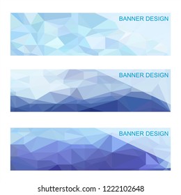 Set of three modern banners with polygonal background. Vector illustration composed of triangles of blue colors.