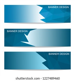 Set of three modern banners with polygonal background. Vector illustration composed of triangles of blue colors.