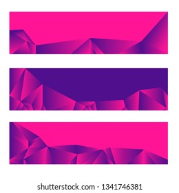 Set of three modern banners with polygonal background. Vector illustration composed of triangles. Purple and pink colors.