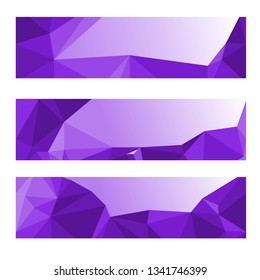 Set of three modern banners with polygonal background. Vector illustration composed of triangles. Purple colors.