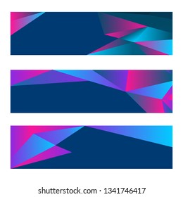 Set of three modern banners with polygonal background. Vector illustration composed of triangles. Blue, purple and pink colors.