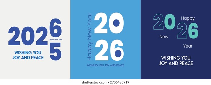 Conjunto de tres modernas Plantillas de publicaciones en redes sociales de Feliz Año Nuevo 2026 en azul y blanco con tipografía audaz y citas de felicidad y paz para vacaciones corporativas.