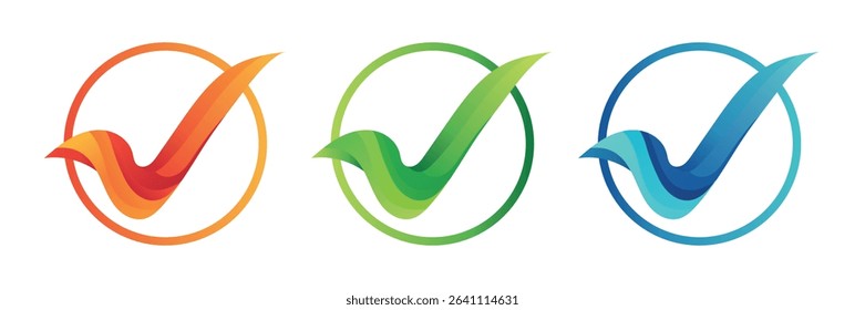 Set of three modern check mark logos in gradient orange, green and blue on white background