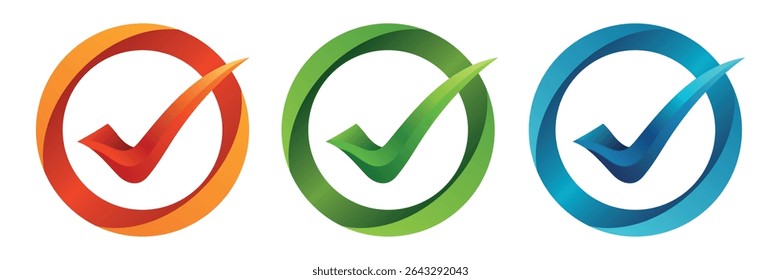 Set of three modern check mark logos in gradient orange, green and blue on white background