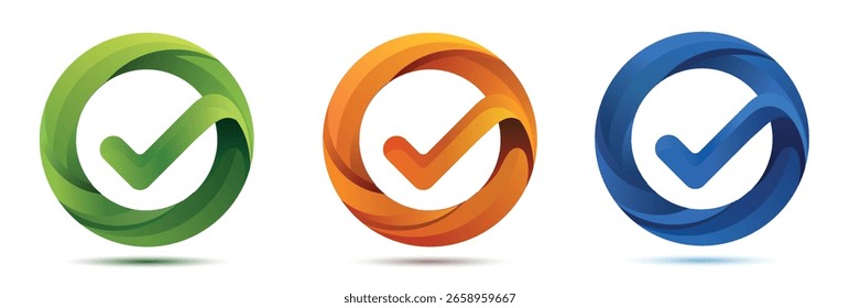 Satz von drei modernen Häkchen-Logos in Farbverlauf orange, grün und blau auf weißem Hintergrund.