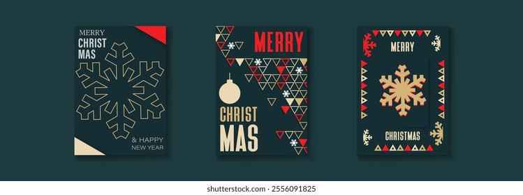 A set of three modern Christmas card designs featuring a dark background. Christmas ornament, and a geometric pattern. Christmas celebration card