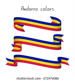 Set of three modern colored vector ribbon, Andorra tricolor isolated on white background, flag of Andorra, Made in Andorra logo