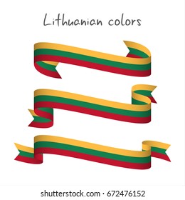 Set of three modern colored vector ribbon with the Lithuanian tricolor isolated on white background, abstract Lithuanian flag, Made in Lithuania logo