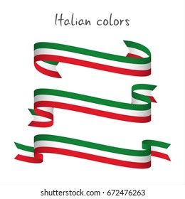 Set of three modern colored vector ribbon with the Italian tricolor isolated on white background, abstract Italian flag, Made in Italy logo