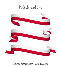 Set of three modern colored vector ribbon with the Polish colors isolated on white background, abstract Polish flag, Made in Poland logo