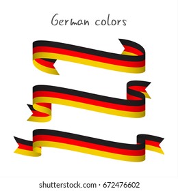 Set of three modern colored vector ribbon with the German tricolor isolated on white background, abstract German flag, Made in Germany logo