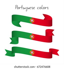 Set of three modern colored vector ribbon with the Portuguese colors isolated on white background, abstract Portuguese flag, Made in Portugal logo