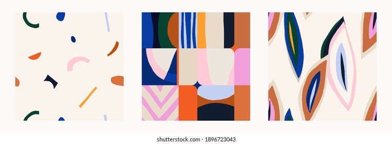 Set of three modern colorful  patterns. Hand drawn trendy abstract illustrations. Creative collage seamless patterns. 