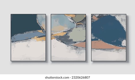 Un conjunto de tres obras de arte mural creativas modernas y abstractas. Rasgos de pincel dorado, vector, textura, textura
