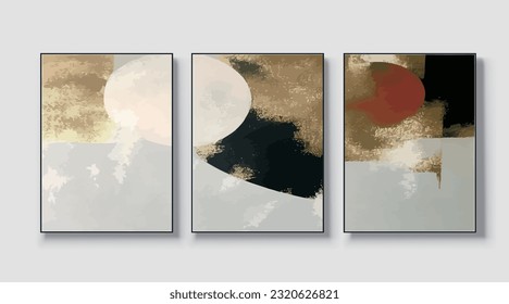 Un conjunto de tres obras de arte mural creativas modernas y abstractas. Rasgos de pincel dorado, vector, textura, textura