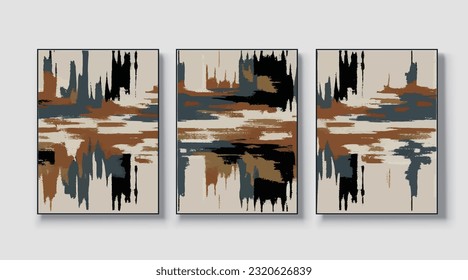 A set of three, modern creative abstract wall art pieces. Golden brush strokes, vector, texture, texture