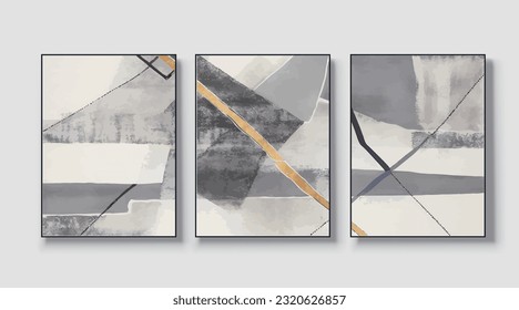 Un conjunto de tres obras de arte mural creativas modernas y abstractas. Rasgos de pincel dorado, vector, textura, textura