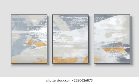 A set of three, modern creative abstract wall art pieces. Golden brush strokes, vector, texture, texture