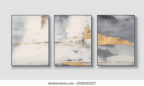 A set of three, modern creative abstract wall art pieces. Golden brush strokes, vector, texture, texture