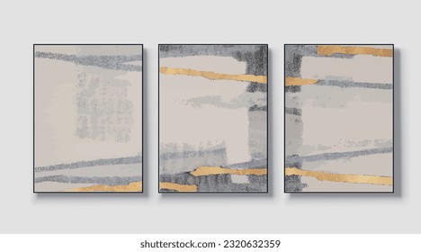 A set of three, modern creative abstract wall art pieces. Golden brush strokes, vector, texture, texture