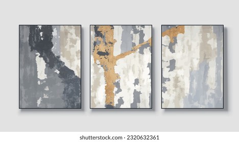 Un conjunto de tres obras de arte mural creativas modernas y abstractas. Rasgos de pincel dorado, vector, textura, textura