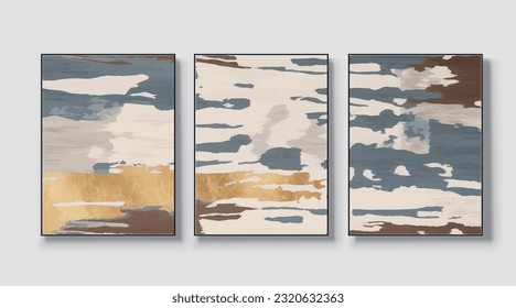 A set of three, modern creative abstract wall art pieces. Golden brush strokes, vector, texture, texture