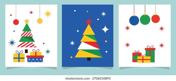 Conjunto de tres diseños modernos de tarjetas de Navidad de estilo plano
