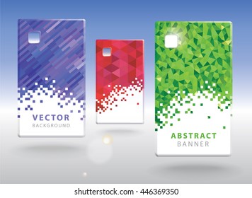 Set of three modern geometric phone shape banners with polygonal background. Blue, red and green. Vector illustration