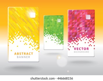 Set of three modern geometric phone shape banners with polygonal background. Yellow, green and pink. Vector illustration