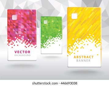 Set of three modern geometric phone shape banners with polygonal background. Yellow, green and pink colors. Vector illustration