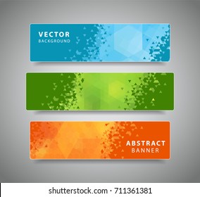 Set of three modern geometric vector banners with polygonal background. Blue, green, orange