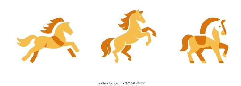 Set of three modern horse logo designs in orange and yellow, featuring running, rearing, and prancing poses on a clean white background.
