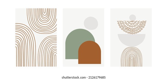 Set of three modern pastel posters with rainbows and abstract geometric shapes, vector illustration. Minimal Nordic art print. Abstraction design for background, wallpaper, card, wall art