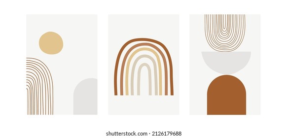 Set of three modern pastel posters with rainbows and abstract geometric shapes, vector illustration. Minimal Nordic art print. Abstraction design for background, wallpaper, card, wall art