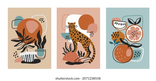 Set of three modern poster designs with a wild cat or leopard, potted plants and healthy fresh fruit on abstract patterned backgrounds, colored vector illustration