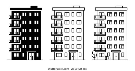 Set of three modern residential apartment building icons with balconies and windows