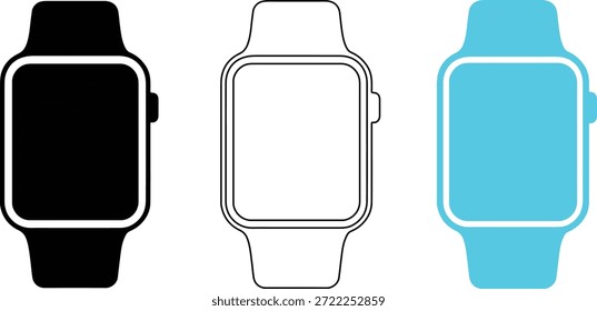 Set of three modern smartwatch icons depicting black, outline, and blue smartwatches