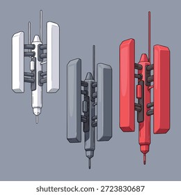 Um conjunto de três antenas modernas e estilizadas, cada uma com uma cor diferente: branca, cinza e vermelha, contra um fundo plano.