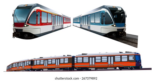 Set Of Three Modern Train On White Background