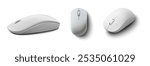 A set of three modern white computer mice with sleek, minimalistic designs. Each mouse features smooth curves, a streamlined shape, and a simple button layout. 3d vector illustration