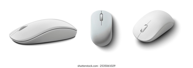 Un conjunto de tres ratones de ordenador blanco moderno con diseños elegantes y minimalistas. Cada mouse presenta curvas suaves, una forma aerodinámica y un diseño de Botón simple. Ilustración vectorial 3D