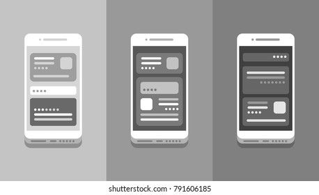 Set of three modern white smartphones with interface on screen. On gray backgrounds