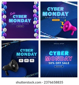 Set of three Сyber Monday ad square hi-tech banners with sale countdown, glitched neon text, loudspeakers, balloons and barrier tapes. Promo cards with discount timer on technology network background