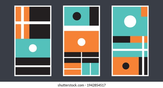 Set of three mondrian stlye abstract backgrounds, colorful. perfect for poster, wall decor. vector illustrations 